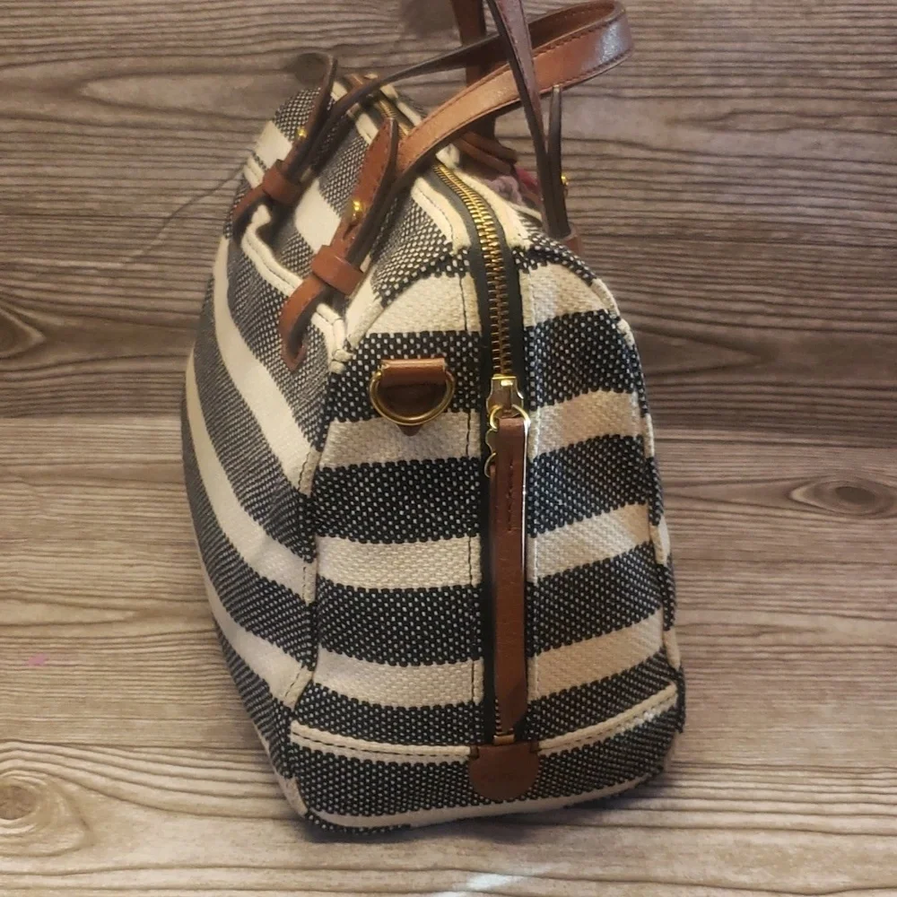 Fossil striped gray and cream canvas satchel bag